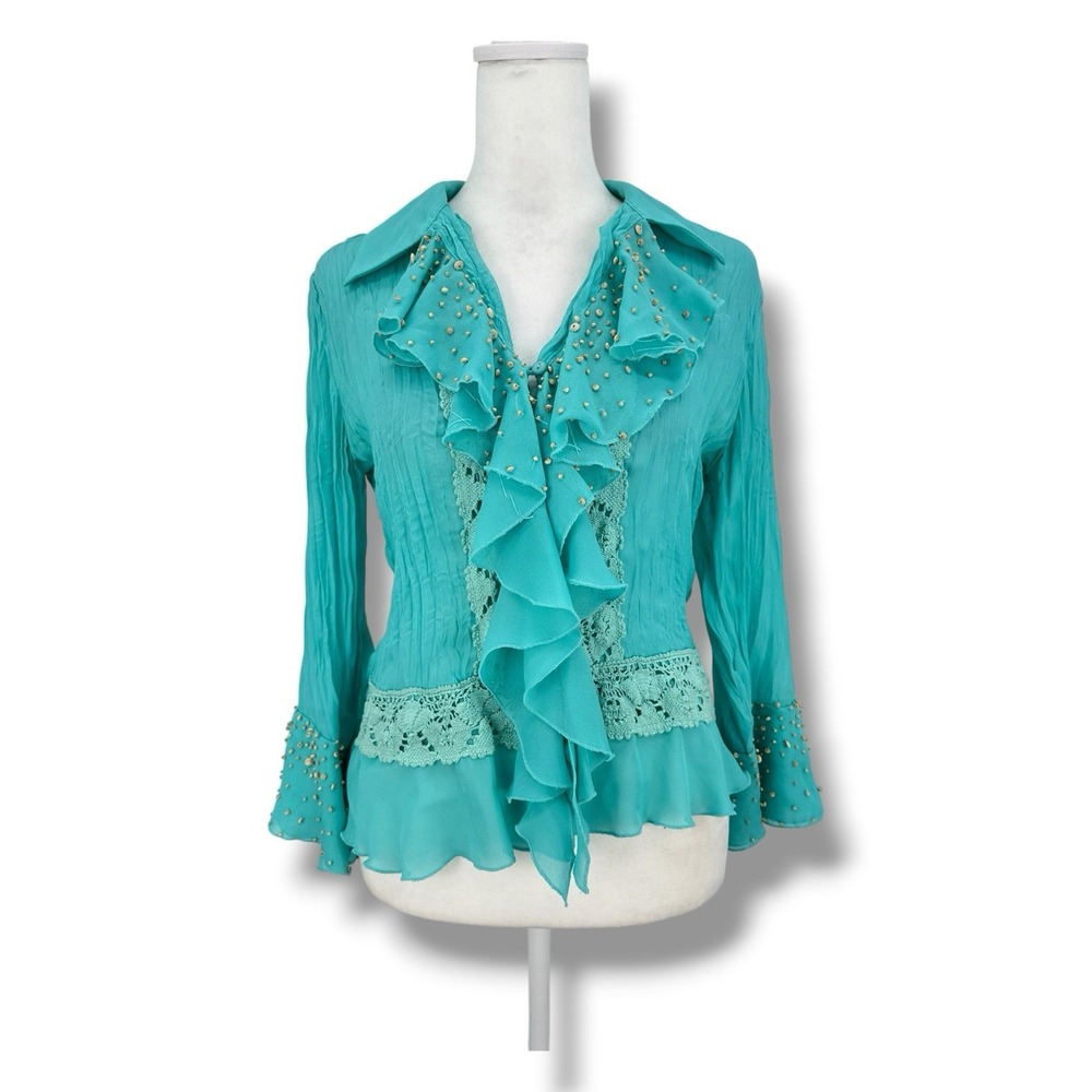 Y2K Blue Crochet Ruffle Beaded Blouse PP Fairy Boho Ethereal Romantic Dreamy